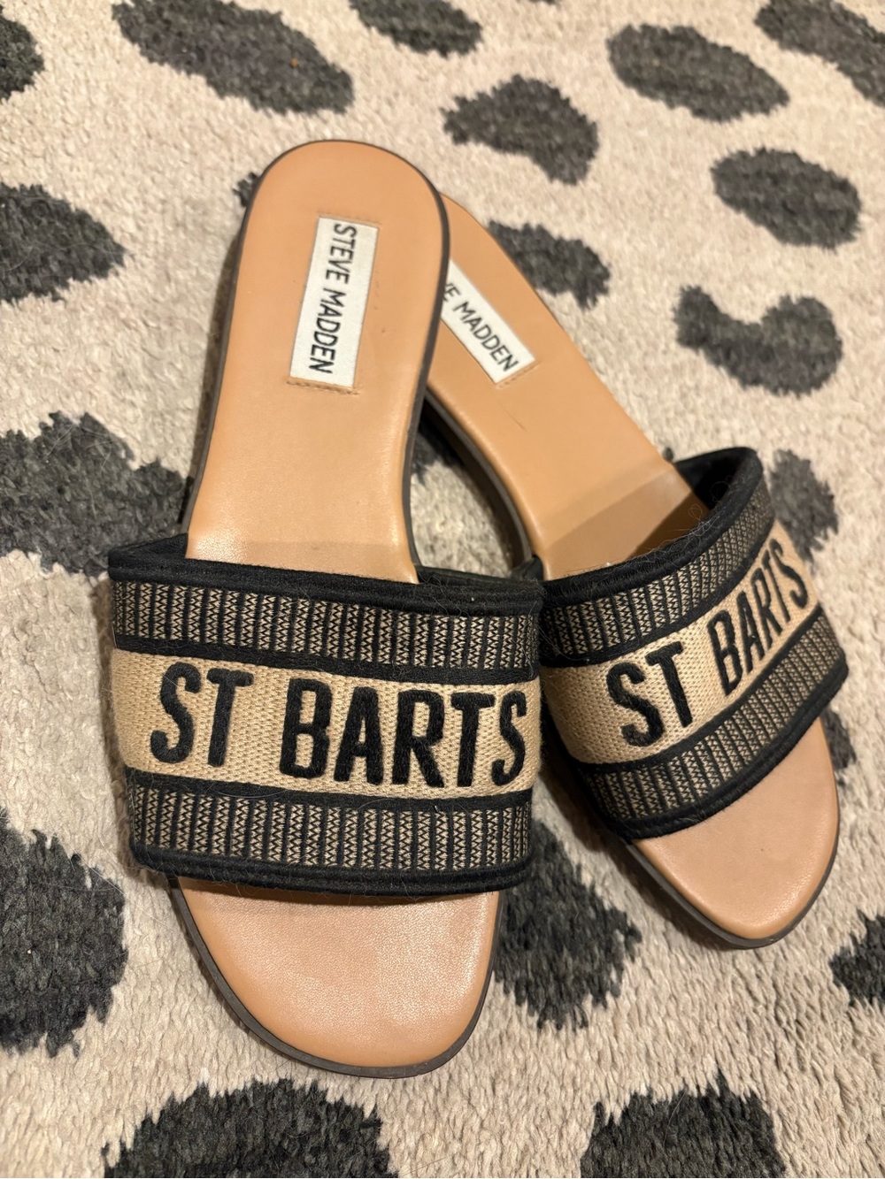 Steve Madden Tan and Black St Barts Slide Sandals